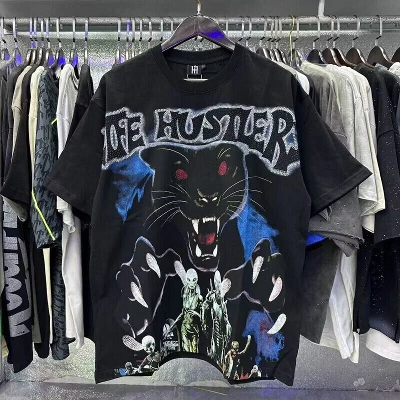 Life Hustlers Street Retro Black Panther Print Beaded Letter Sleeveless Casual Short-Sleeve T-Shirt ins