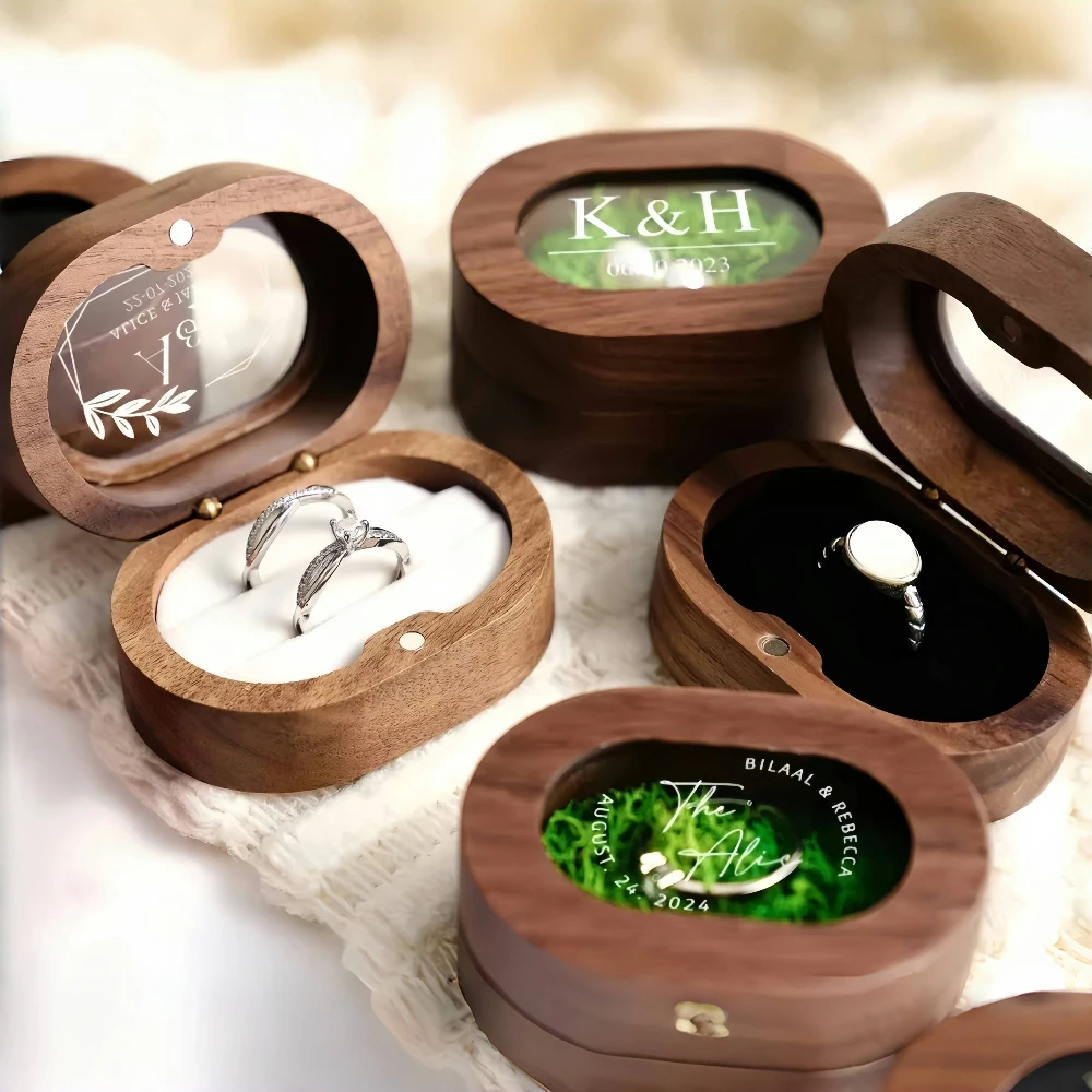 

Personalized Walnut Wood Ring Box Oval with Window Print Name Text Custom Jewelry Case for Proposal Engagement Wedding Ceremony