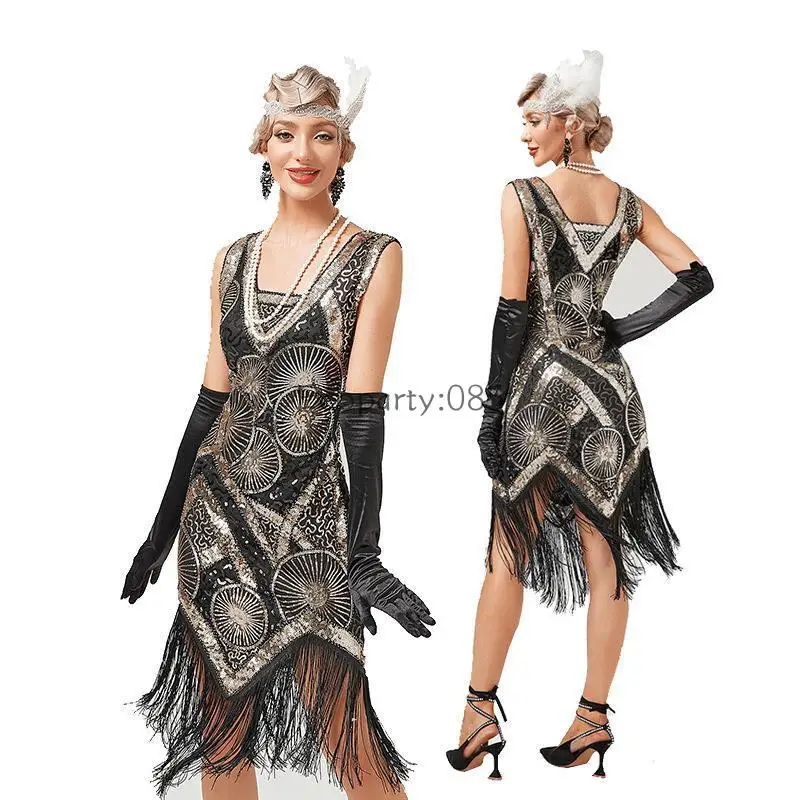 Women 1920s Vintage Beaded Sequin Deco Inspired Flapper Gatsby Dress Banquet Dresses Temperament V-neck Fringed Large Size Dress