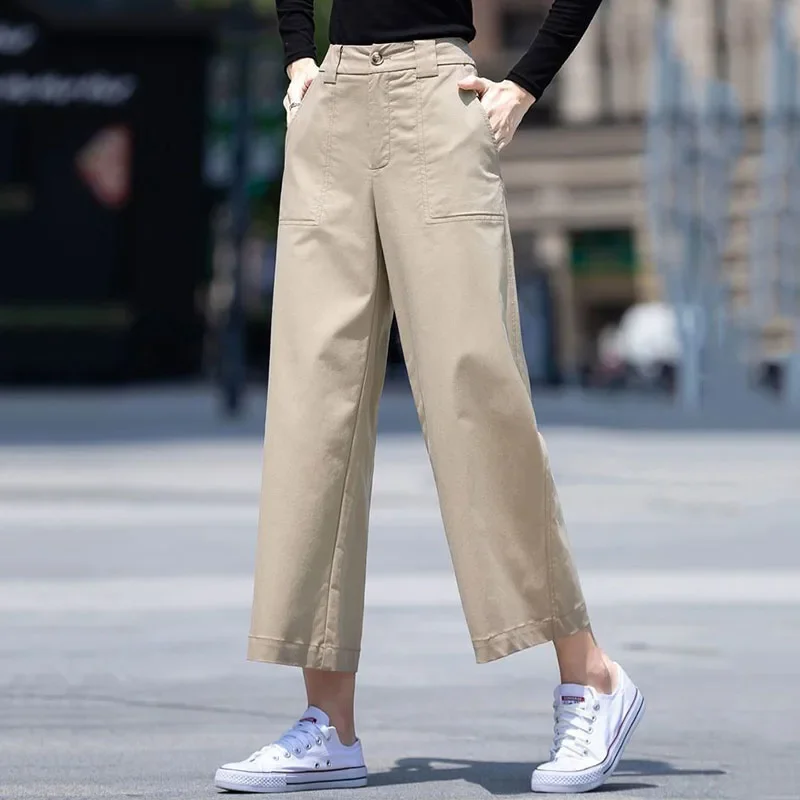 Calça comprida de algodão feminina, calça casual de pernas largas, streetwear estilo coreano, moda feminina, primavera, outono