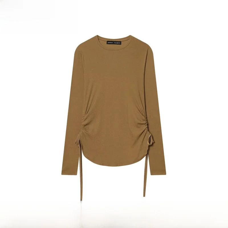 

Fashionable Long Sleeve T-Shirt Women's New Autumn Winter Pullover with Belt ZR Style Polyester round Neck Loose Fit Top