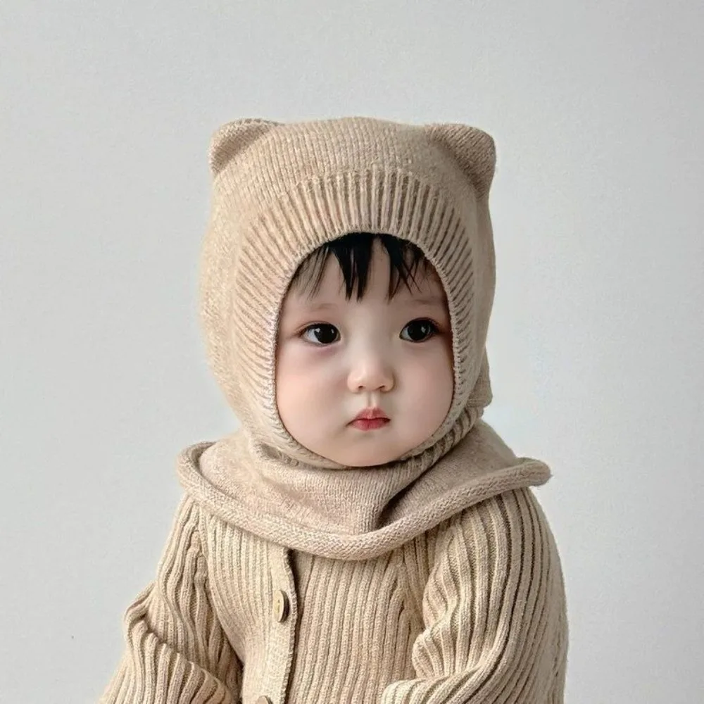 New Warm Woolen Baby Balaclava Hat Solid Color Windproof Knitted Beanie Cap Ear Protection Soft Winter Toddler Hat Boy Girl view 3