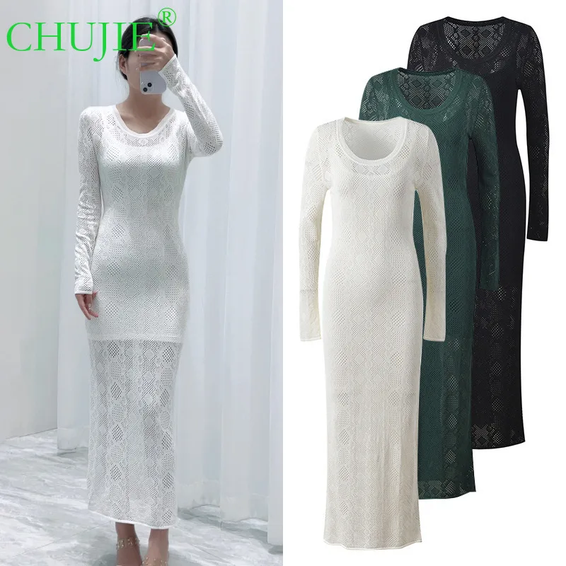 

【CHUJIE】 2025 Autumn New Long-sleeved Round Neck Hollow-out Crocheted Pattern French Elegant Knitted Long Dress（With Lining）