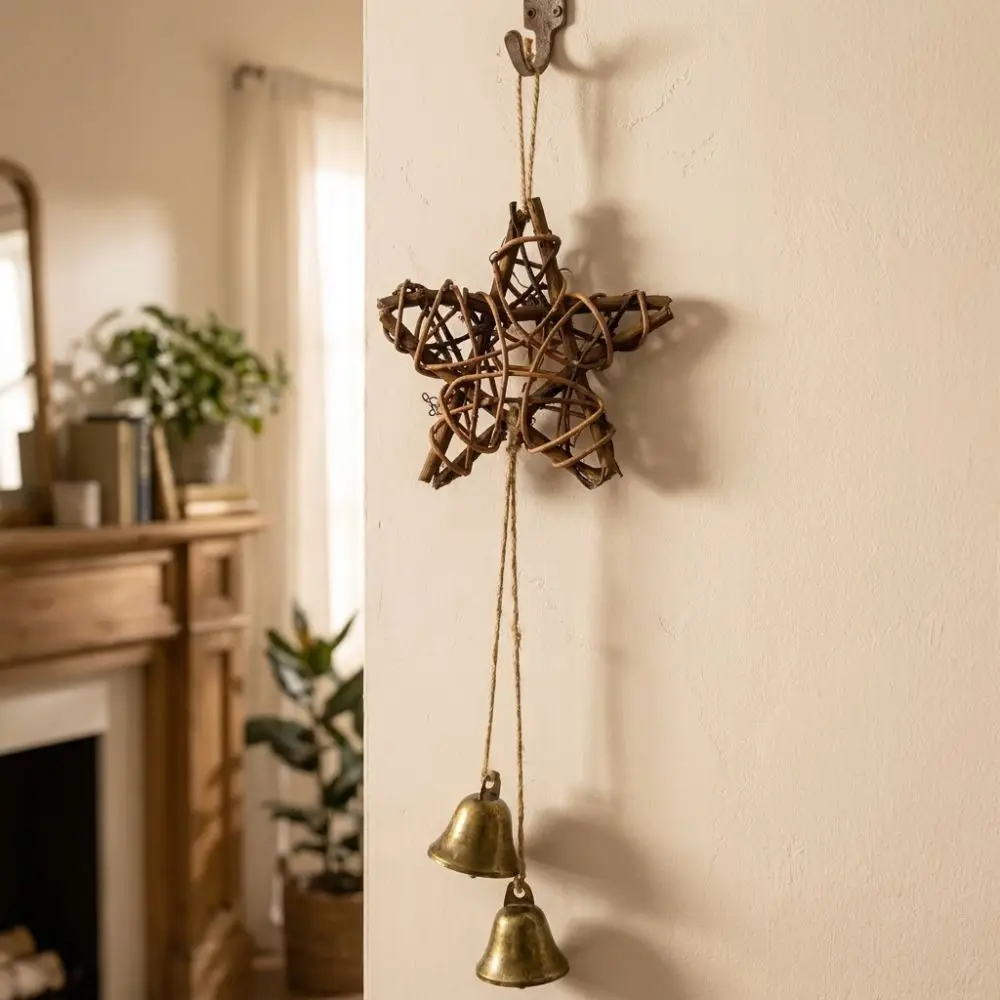 Pastoral Style Rattan Woven Wind Chime Textured Frame Hand Woven Vintage Bell Pendant Tinkling Sound Five-pointed Star