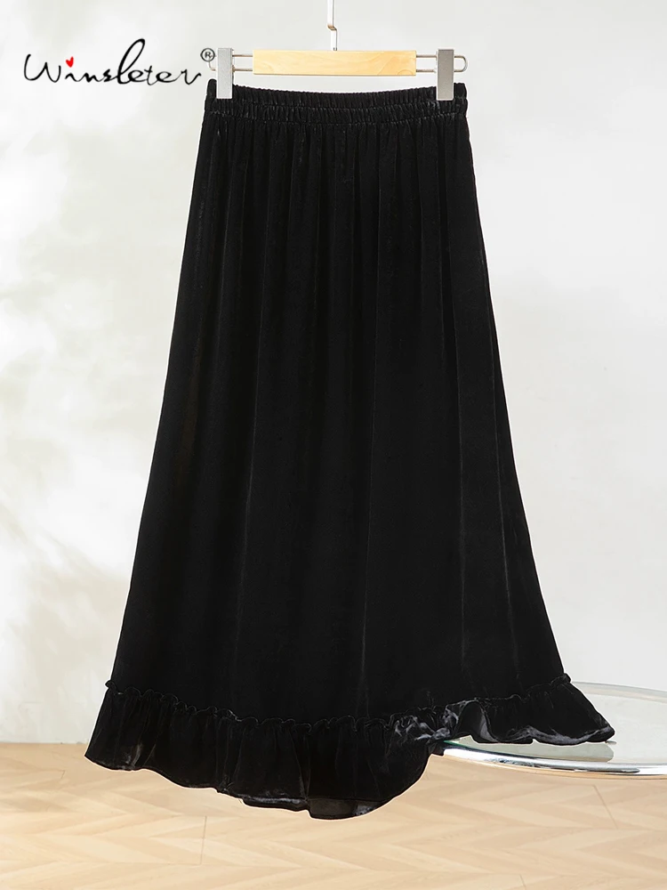 

Winsleter-100%Real Silk Elegant Velvet Skirts, Elastic Waist Ruffles, Women French Temperament Commute Skirt, 2025 Fall B59670CC