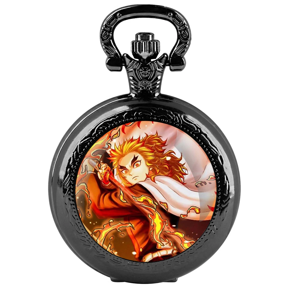ساعة جيب كوارتز سوداء على شكل قبة زجاجية من Rengoku Kyojuro مع قرص أرقام عربية وسلسلة متينة هدية ريترو للرجال والنساء