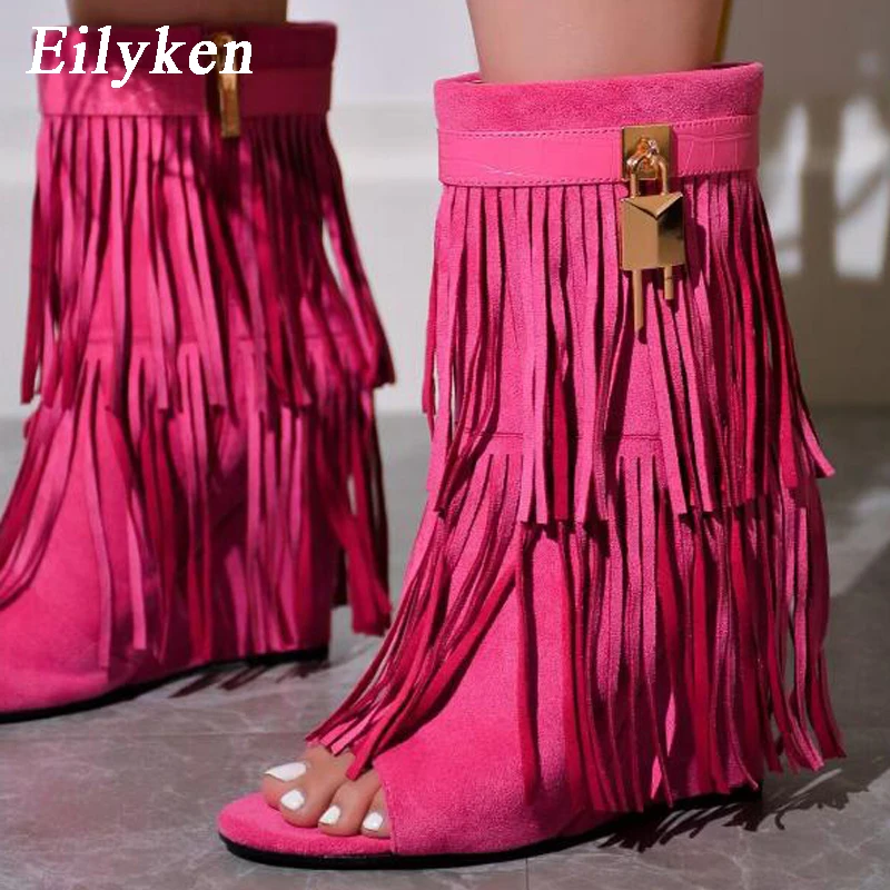 Eilyken-sandalias de cuña con flecos para mujer, zapatos de tacón alto con punta abierta, sexys, con cremallera, para fiesta y graduación, 2024