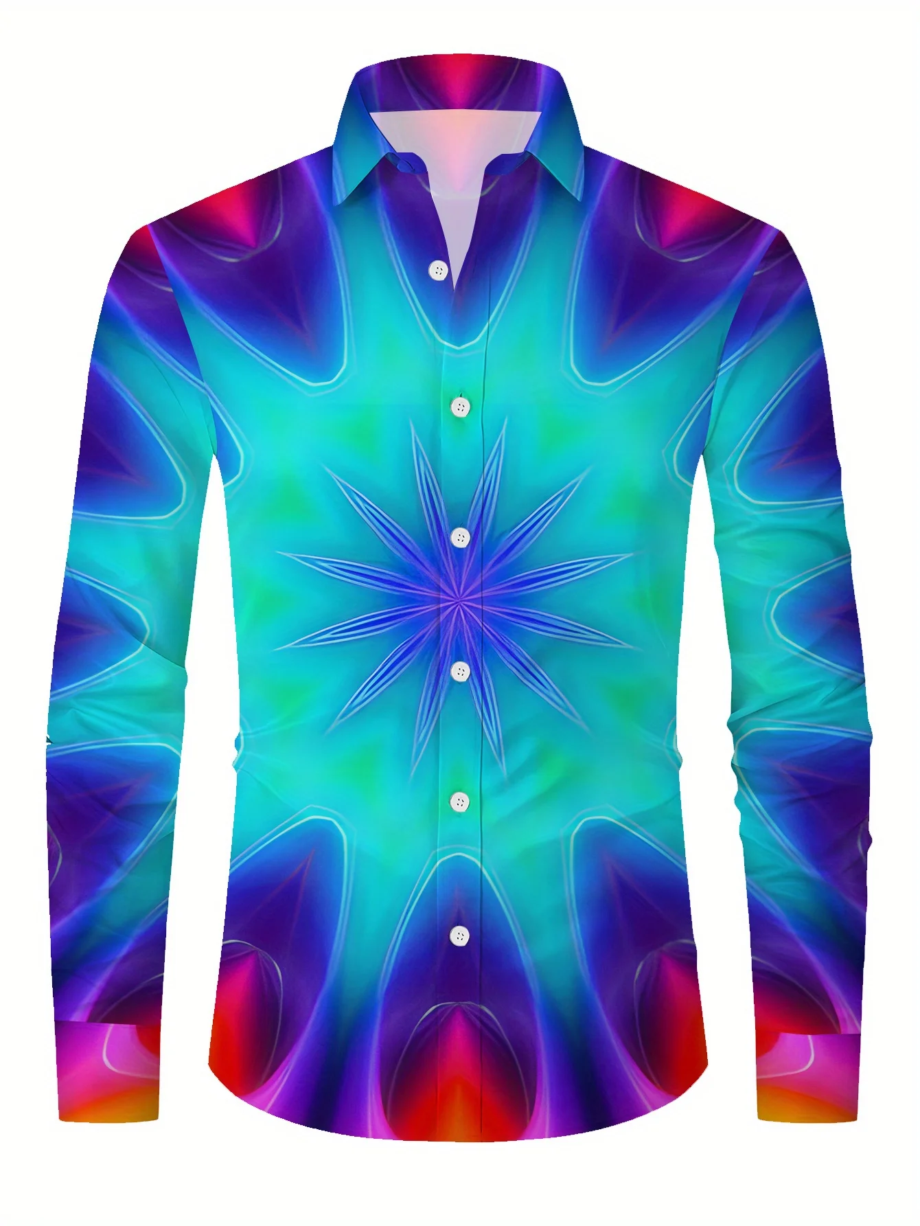 

Long sleeve colorful psychedelic print men's shirt - full-body colorful design, button style, mature style, all seasons,