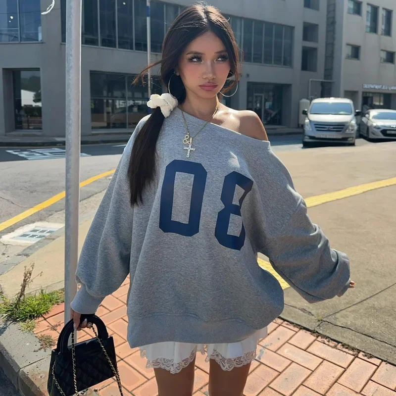 Women's Slouchy One Shoulder Sweatshirt with 08 Letters Oversized Sweatshirt