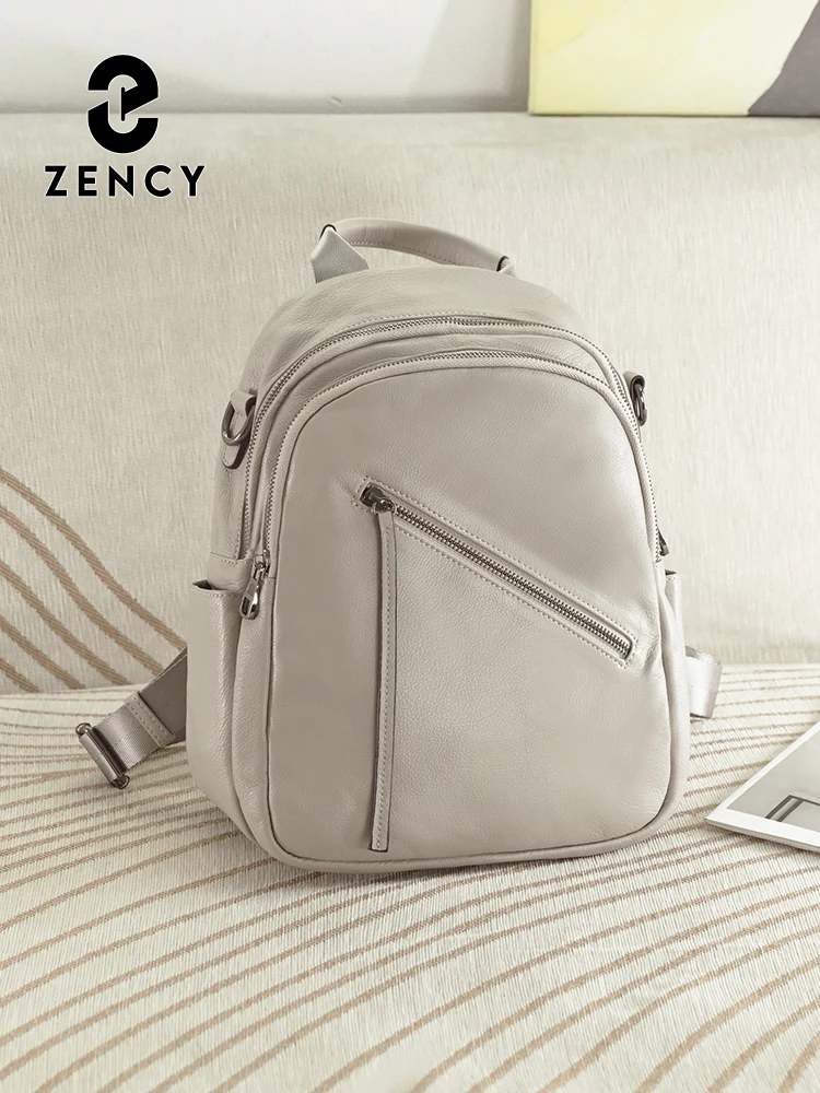 

Zency Women's Genuine Leather Backpack Multi-Pockets for Travel Work Shoulder Bag Medium Knapack Girls Rucksack