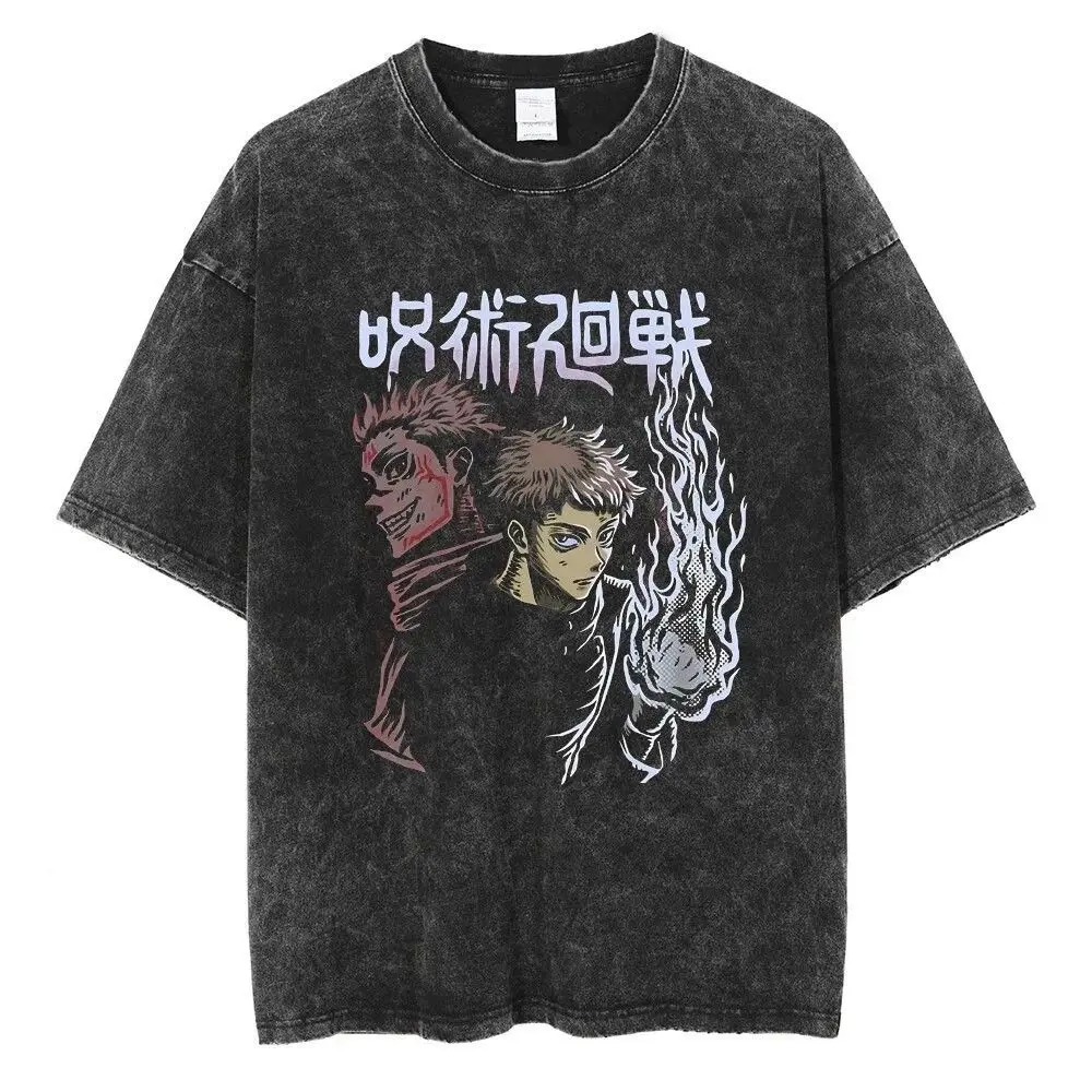 ​ ​ Jujutsu Kaisen Anime T-shirt Set Gojo Satoru Megumi Fushiguro Yuji Itadori Sukuna Vintage Wash Cotton Streetwear ​