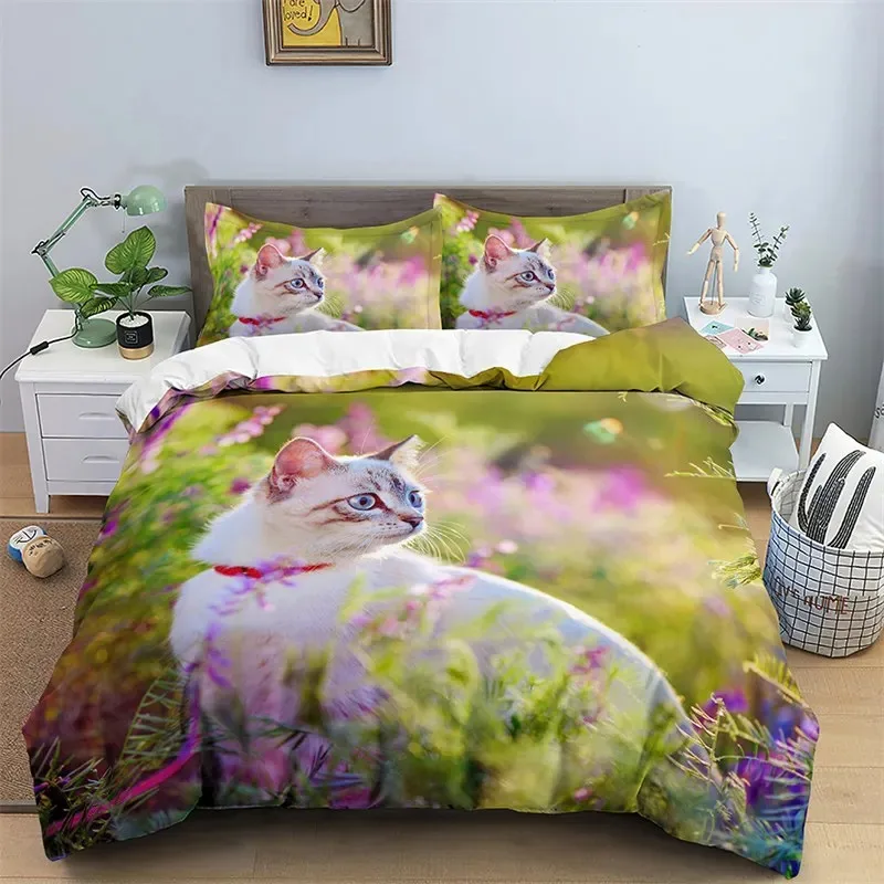 3D Cat Print Duvet Cover Floral Bedding Set Twin Full For Kids Girls Boys Room Decor Luxury Microfiber Funny Animal Quilt Cover