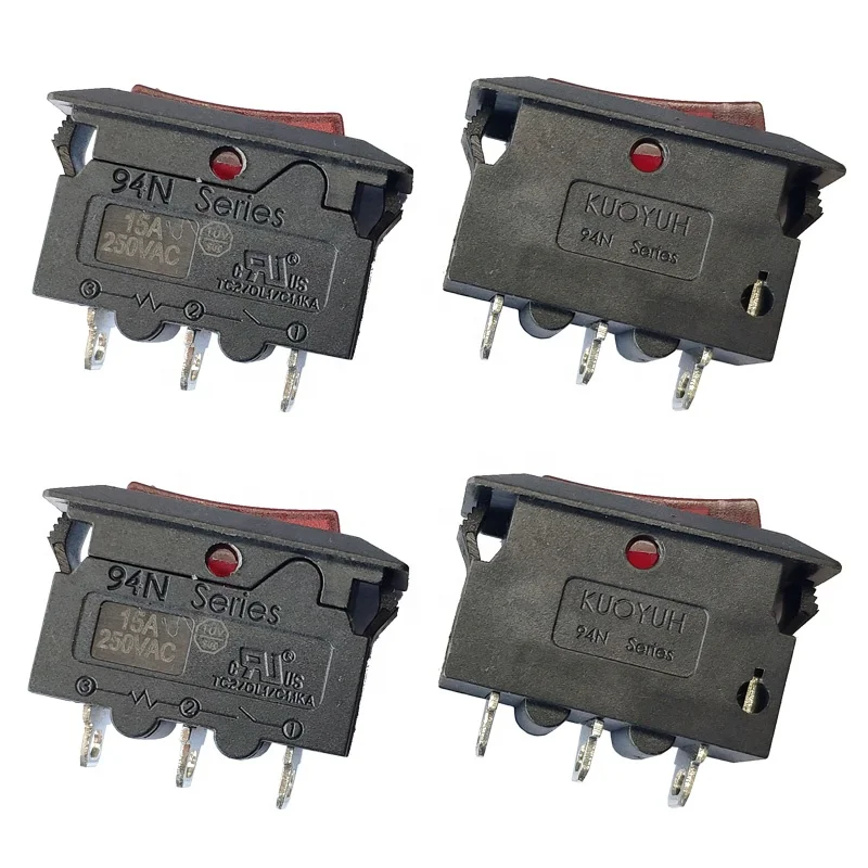 

Manual 15A Red Light Black Housing Overload Protection Rocker Switch Snap In Kuoyuh 94N Series Circuit Breaker