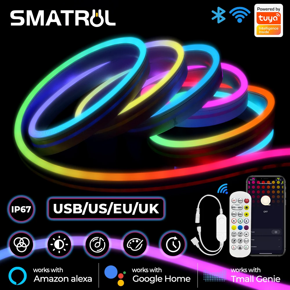 

Tuya Smart Wifi Color Led Light Strip Band RGB 5050 Waterproof Ip67 5m Tape+24Key+USB Cable Remote Control Alexa Google Home