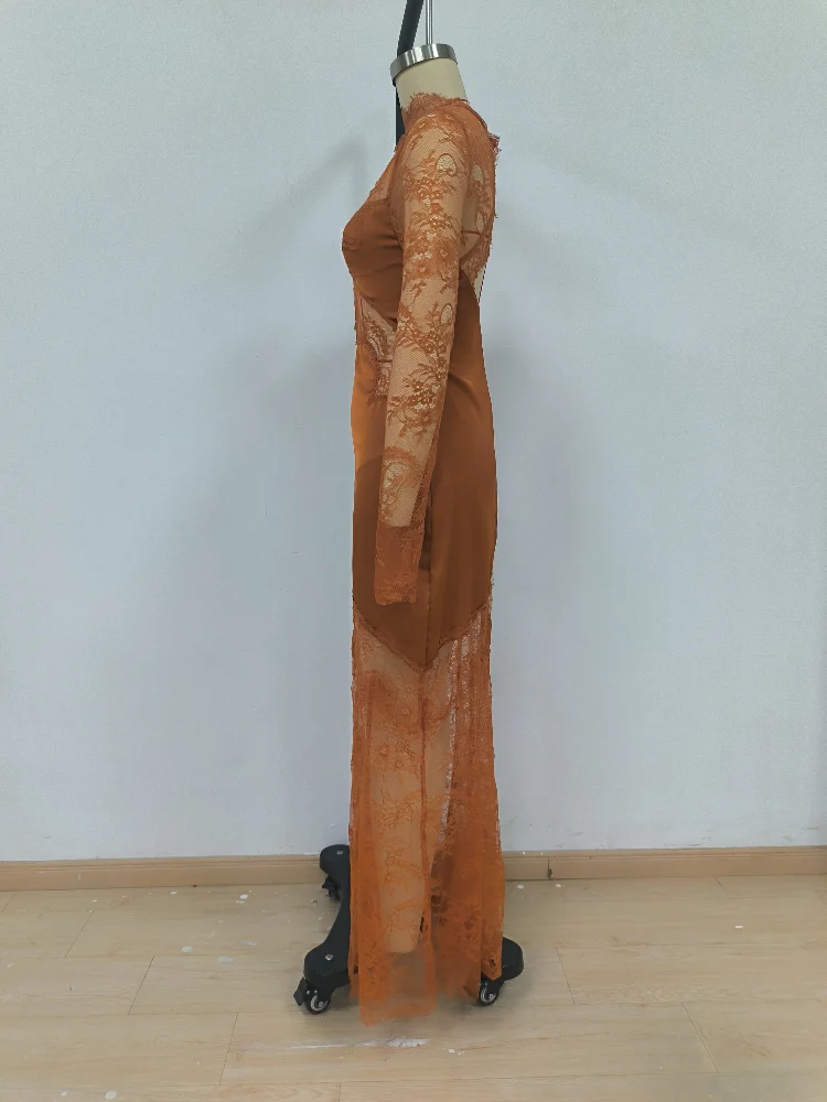Damen Slim Fit Spitzen-Satin-Meerjungfrauenkleid mit hohem Kragen, langen Ärmeln, Rückenausschnitt, Maxikleid, formelles Kleid für Hochzeitsgäste und Partys. – Detail 3