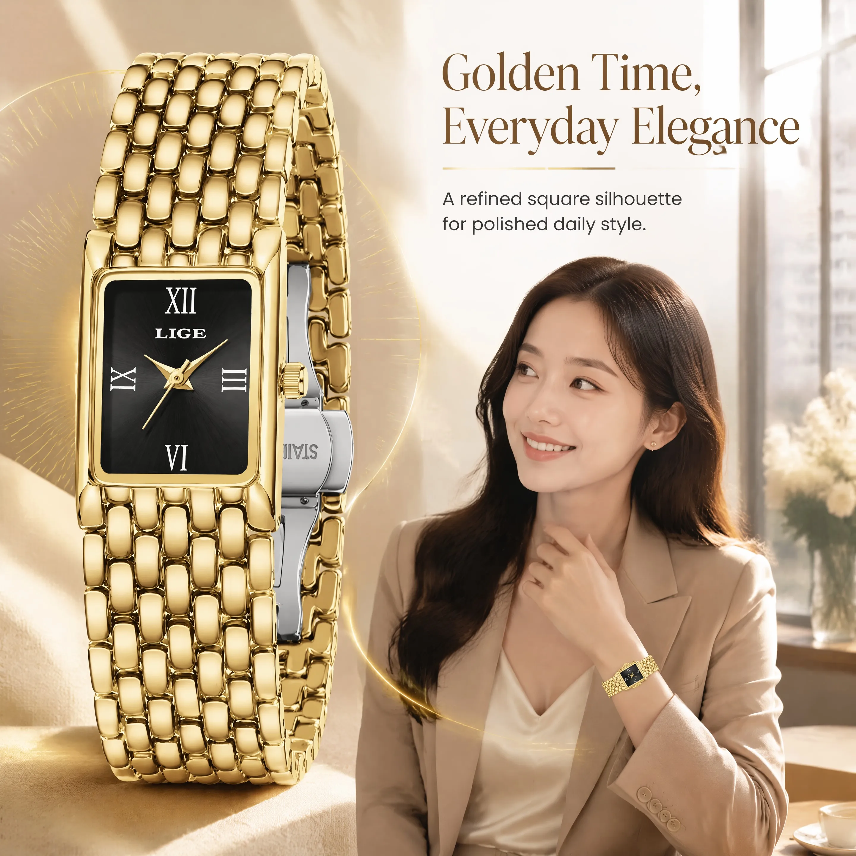 LIGE New Women Watch Light Luxury Business Gold Stainless Steel Ladies Fashion Quartz Watches Female Clock Bracelet Wristwatch