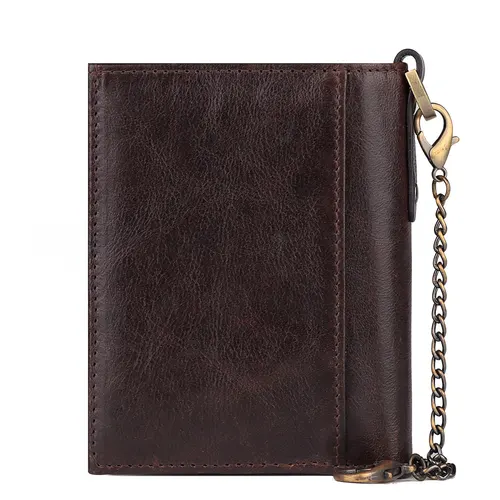 Imagen 2 del producto Cartera de cuero auténtico para hombre con bloqueo RFID, tarjetero, monedero corto plegable con cremallera, bolsillo para monedas con cadena antirrobo