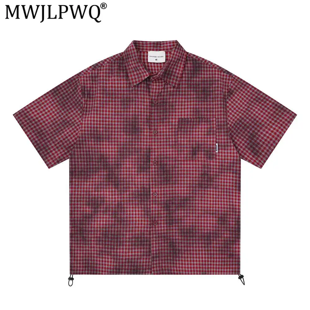 MWJLPWQ Plaid Tie-Dye Distressed Short-Sleeve Shirt For Men American Style Drawstring Hem Turn-Down Collar Fashion Tops 20030