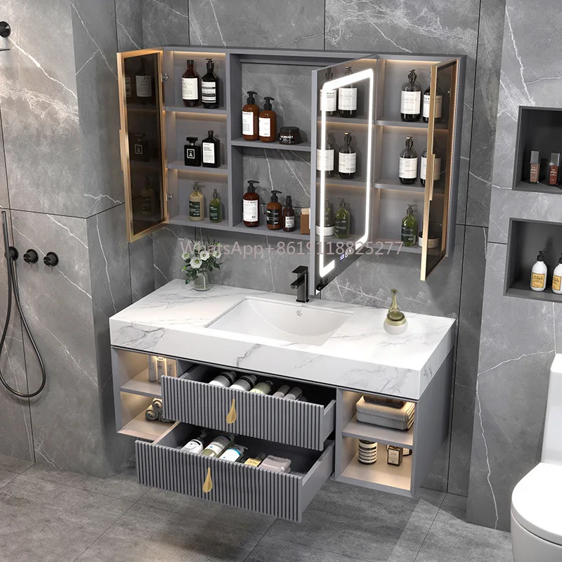 Mobili armadi bagno vanity cabinet intelligente LED light soild vanità in legno specchio intelligente moderno di lusso