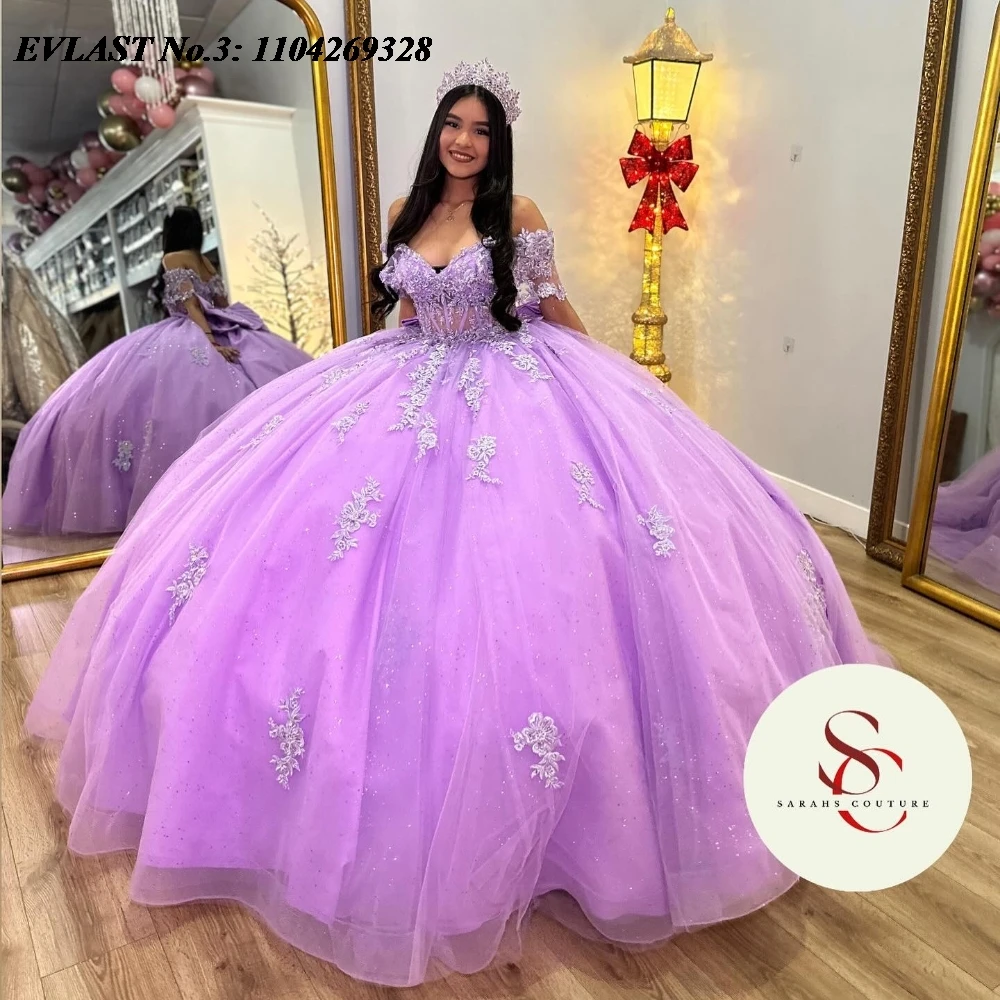 

EVLAST Customized Shiny Lilac Quinceanera Dress Ball Gown Lace Applique Beaded Bow Mexico Sweet 16 Vestido De 15 Anos E3Q484