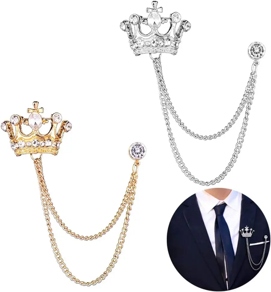 

2PCS Men's Crown Brooch with Crystal, Vintage Rhinestone Lapel Pin for Wedding Suit, Gold and Silver
