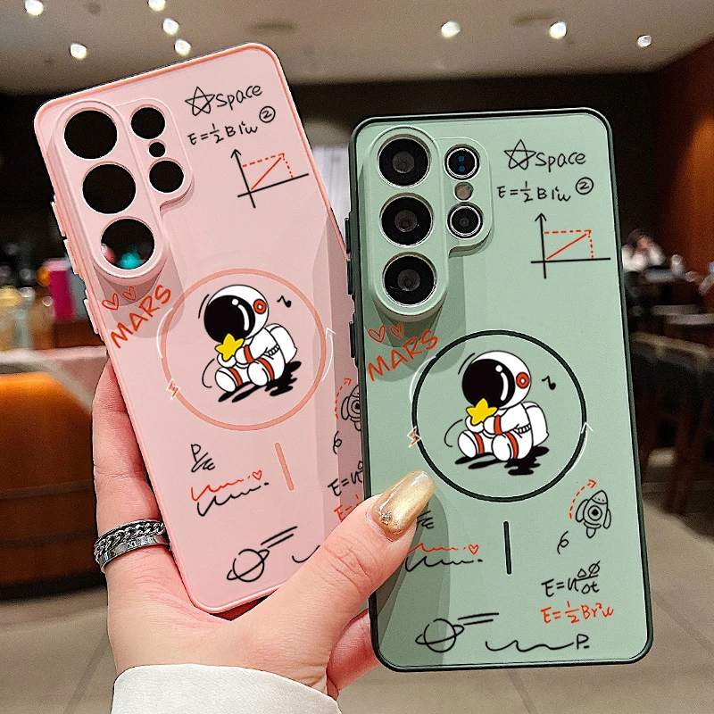 Cute Astronaut Pattern Magnetic Phone Case For Samsung Galaxy S25 S26 Ultra S24 S23 FE A17 A56 A37 A16 A35 A55 A15 A36 A54 Cover