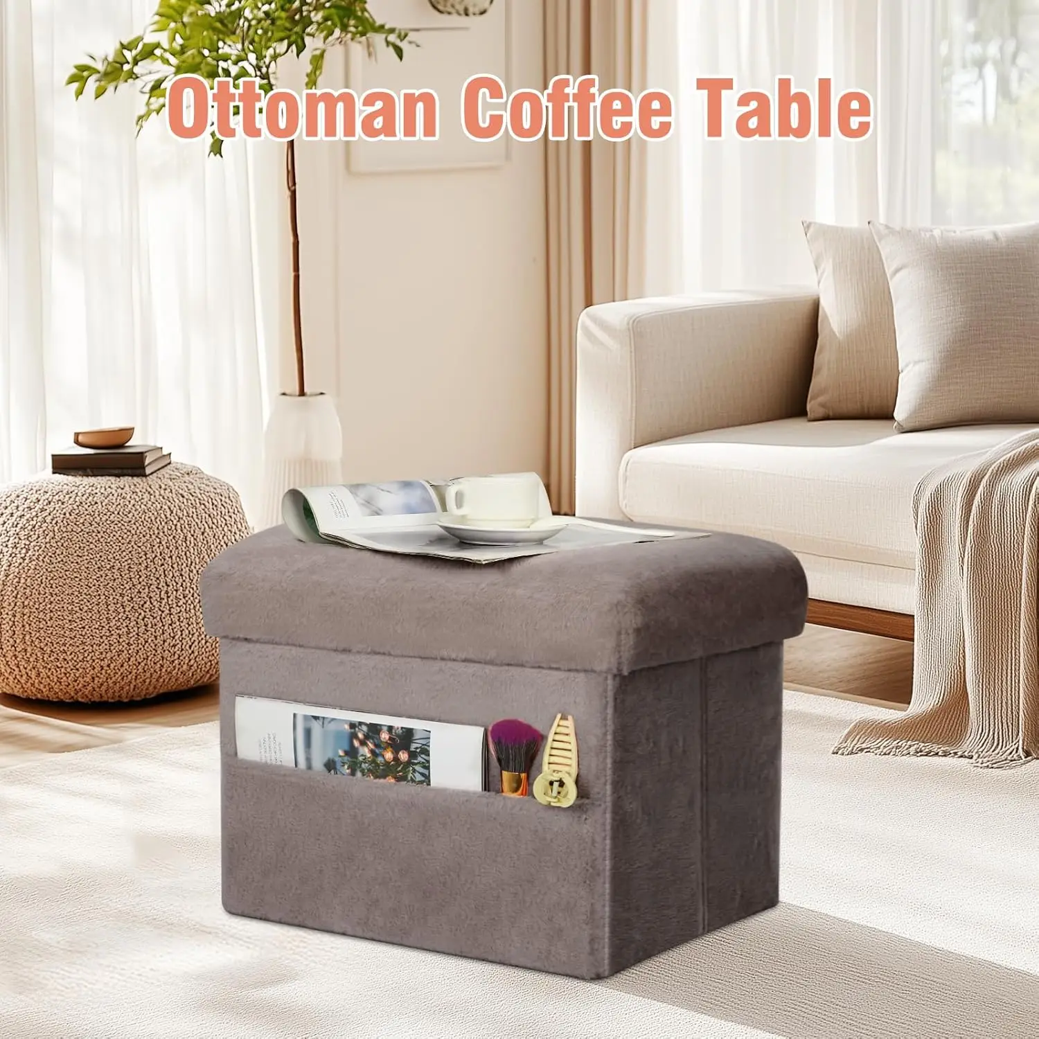 

Ottoman With Storage, Folding Soft Fur Ottoman Foot Rest Stool With Thicker Furry Padded Seat. Small Storage Ottoman Bench For