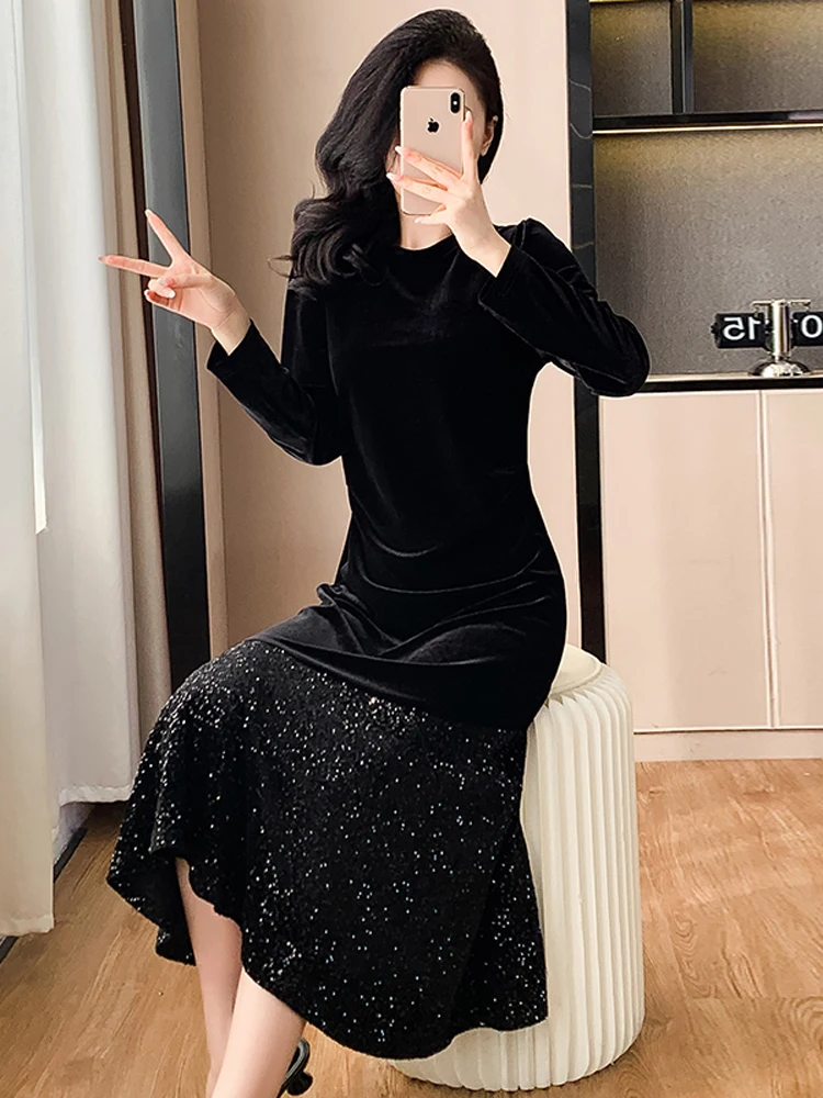 فستان نسائي مخملي للخريف والشتاء من NYFS فضفاض مقاس كبير وأكمام طويلة فستان طويل رداء Elbise #1