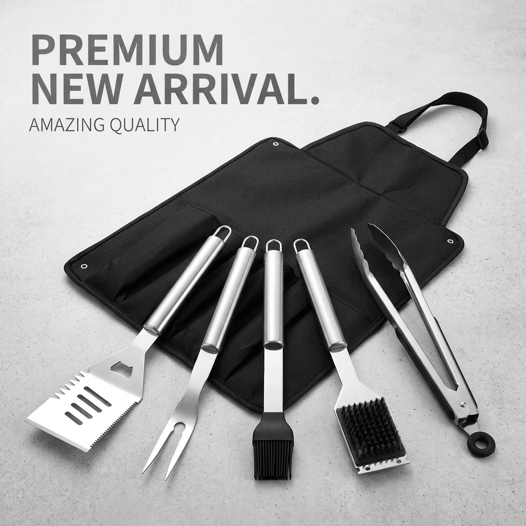BBQ Tool Set 5-Piece Stainless Steel Grilling Accessories with Apron Storage Bag Spatula Fork Tongs for Outdoor BBQ