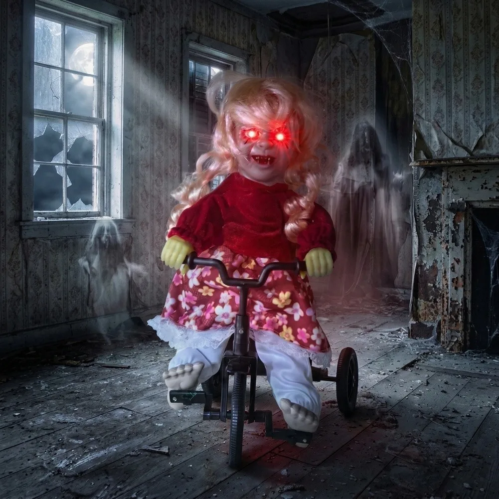 Animated Scary Skeleton on Bike Halloween Decor Sound Detected Movement Screaming Effect Red Eyes Battery Powered