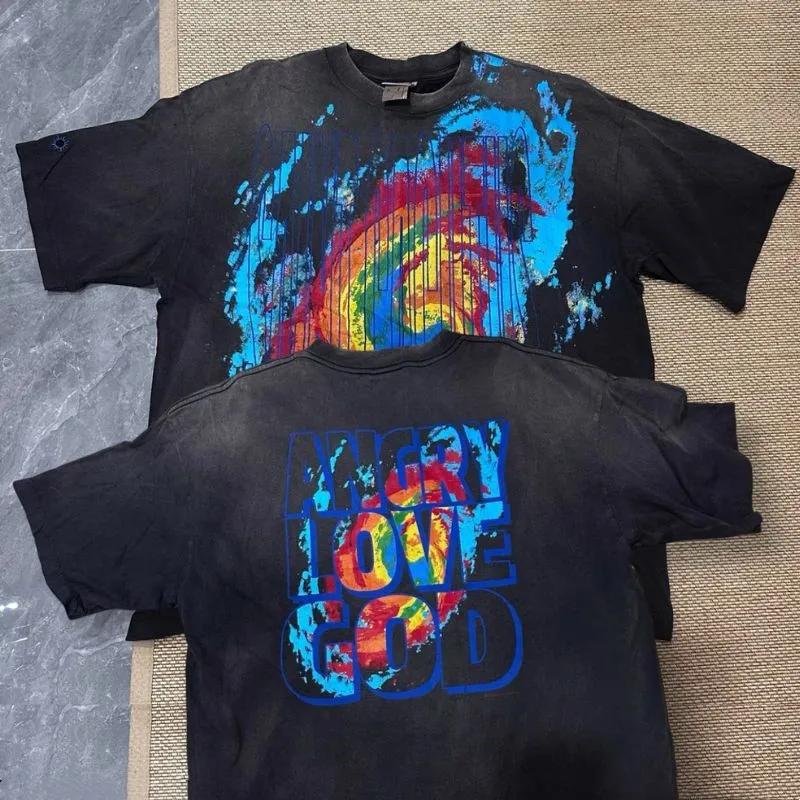 Street Vintage Black Washed Distressed Short Sleeve Saint Tshirt Typhoon Track Storm Colorful Graffiti Men Women Summer Outfit