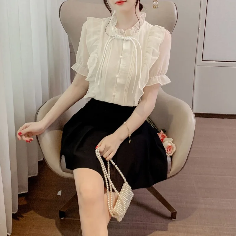 Ruffles Shirts and Blouses Korea Solid Elegant and Youth Woman Blouses Female Top Long Sleeve Chiffon Lace Autumn Clothes 2024