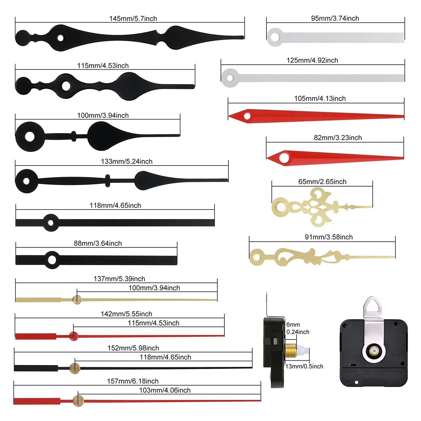 Meccanismo di movimento dell'orologio da parete fai-da-te al quarzo da 4 pezzi Kit motore orologio a batteria con 6 set di lancette (13 mm) CALDO