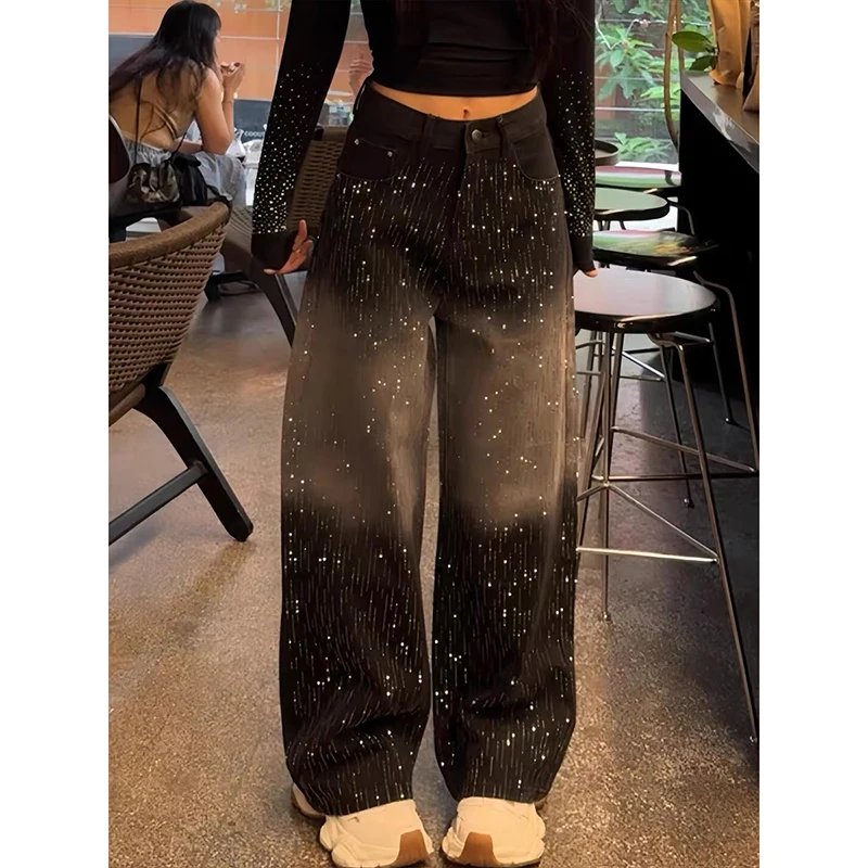 ZHIZOU Women Baggy Black Jean Grunge American Retro Harajuku High Street 2000s Wide Fit Jeans Y2k Japanese Denim Pants Hip-pop