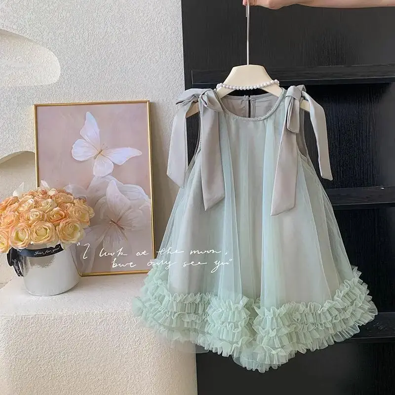 Summer Korean Edition Girls New Sleeveless Bow Solid Color Sweet and Gentle Princess Dress Childrens Trend