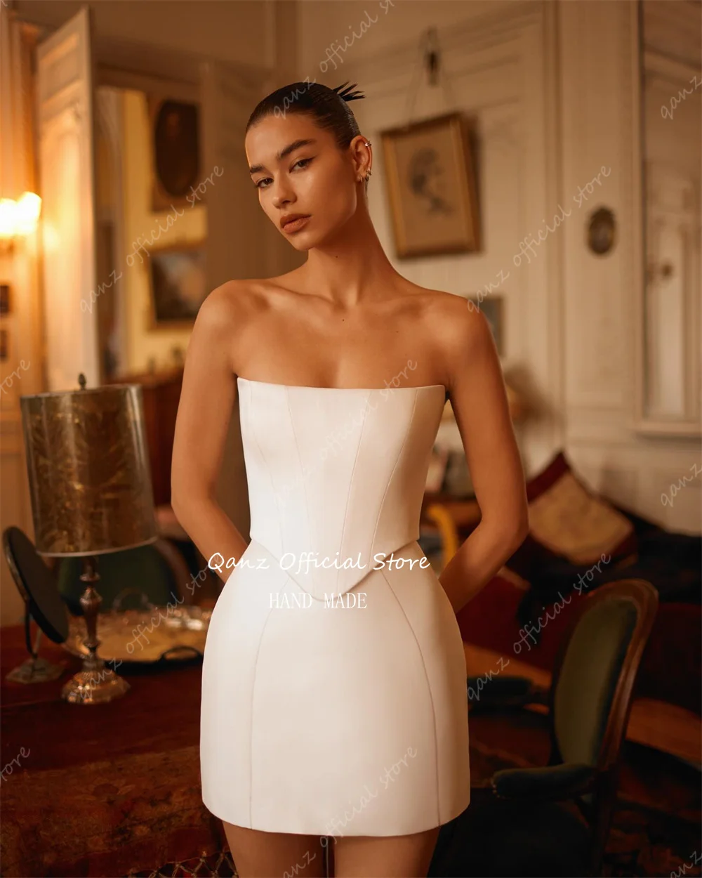 Qanz Modest Satin Short Prom Dresses Strapless Mini Women Wedding Party Dress Corset Back Abiti Da Cerimonia 2025 Customized image 3
