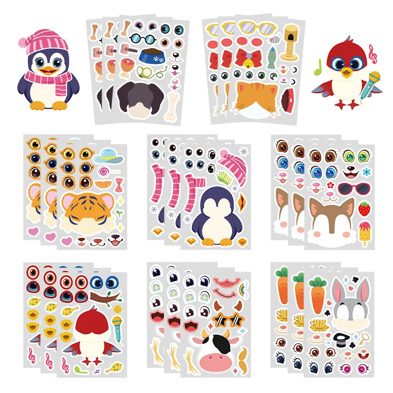 

8/16Sheets Cute Animal Make a Face Puzzle Stickers Kawaii Cartoon Decal Notebook Phone Guitar Skateboard Fridge Classic Kid Toys