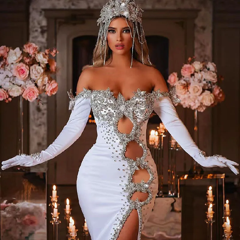 

Mermaid V-neck Luxury Wedding Dress Sexy Applique Beaded Side Slit Stain Elegant Prom Party Dress for Bridal Vestidos De Novia
