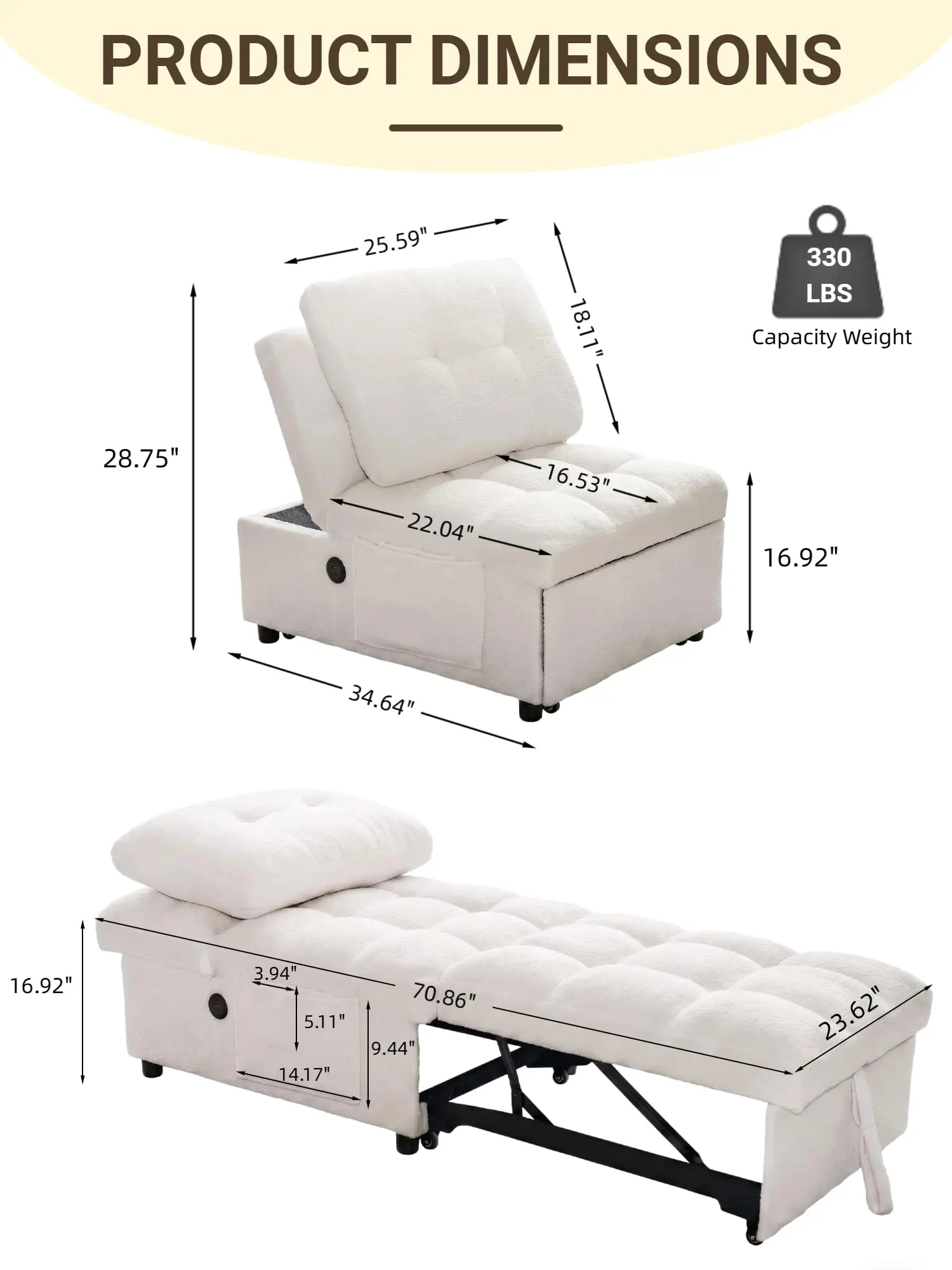 Convertible Sofa Chair Bed, 3-in-1 Pull Out Chair, White, 23