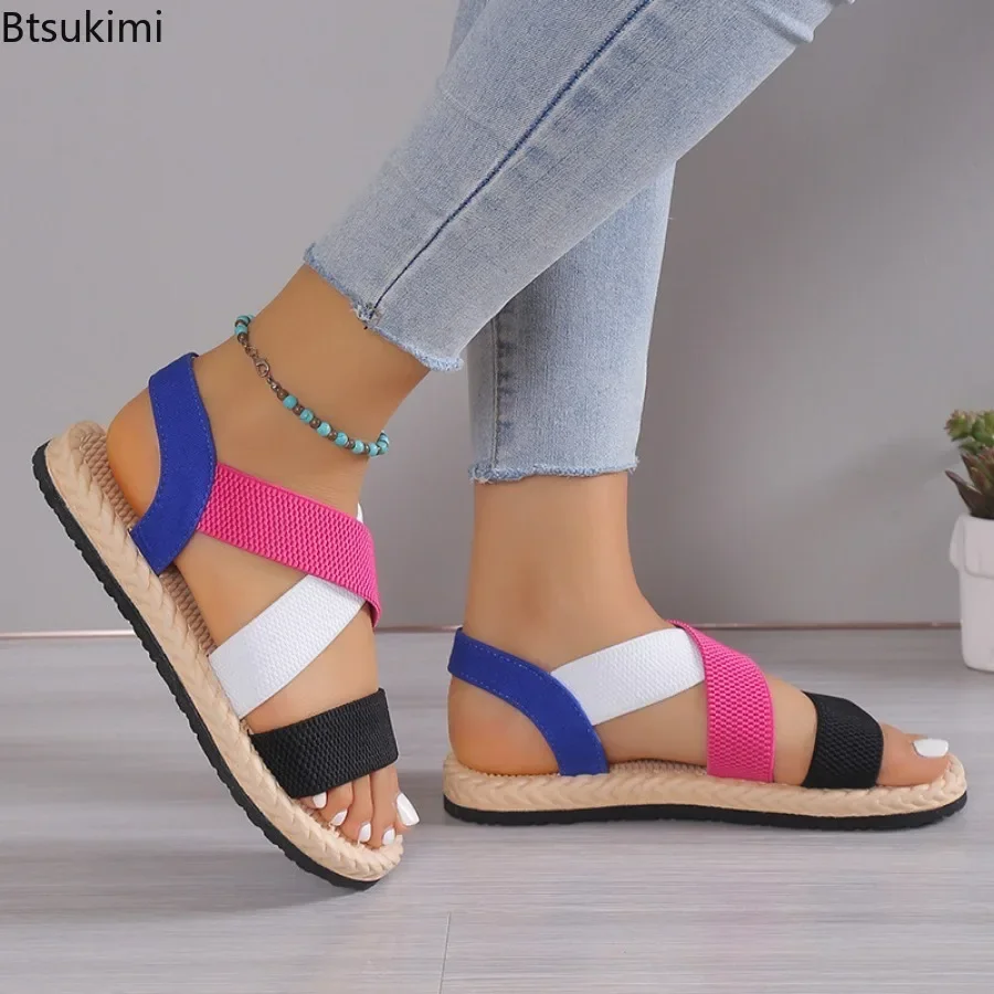 New 2023 Women's Casual Sandals Spring Summer Flat Bottom Grils Roman Shoes Beach Sandals Soft Sole Cross Large Female Sandalias