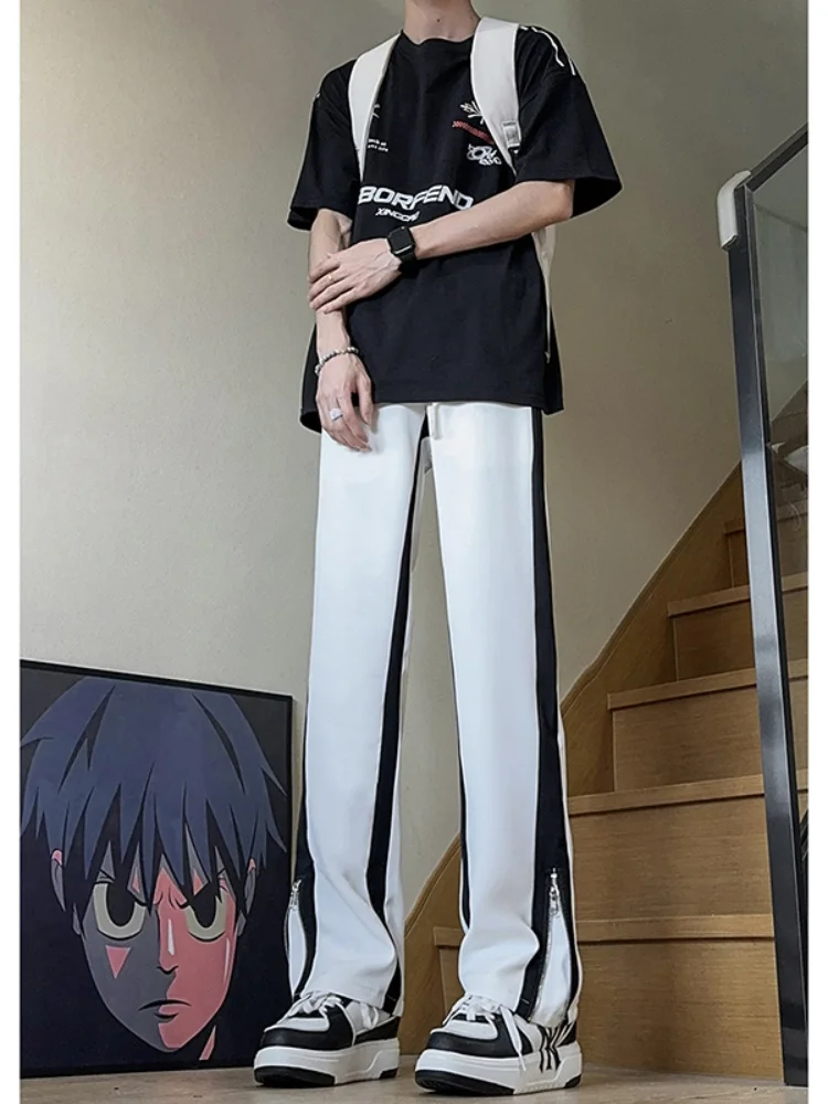 

Ice Silk Men's Summer Thin New Loose Straight Leg Pants Wide Leg Long Trousers Bla White Stripe Casual Faion Breathable