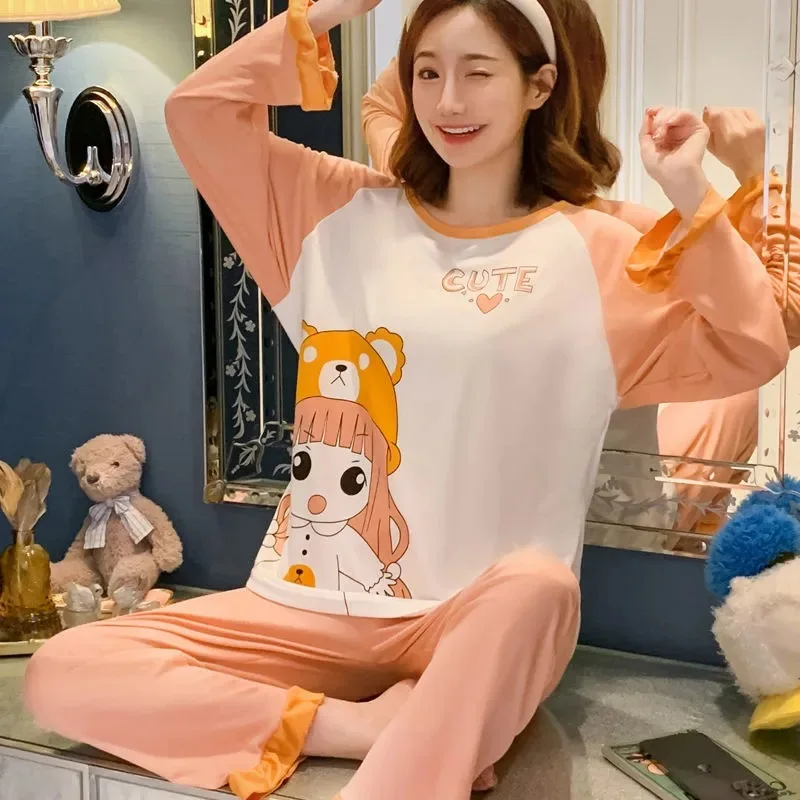 Large Size Long-Sleeved Pajamas Ladies O-Neck Loose Cartoon Dinosaurs Duck Easy to Wash Ruffled Sweet Homewear Kawaii Nightwear