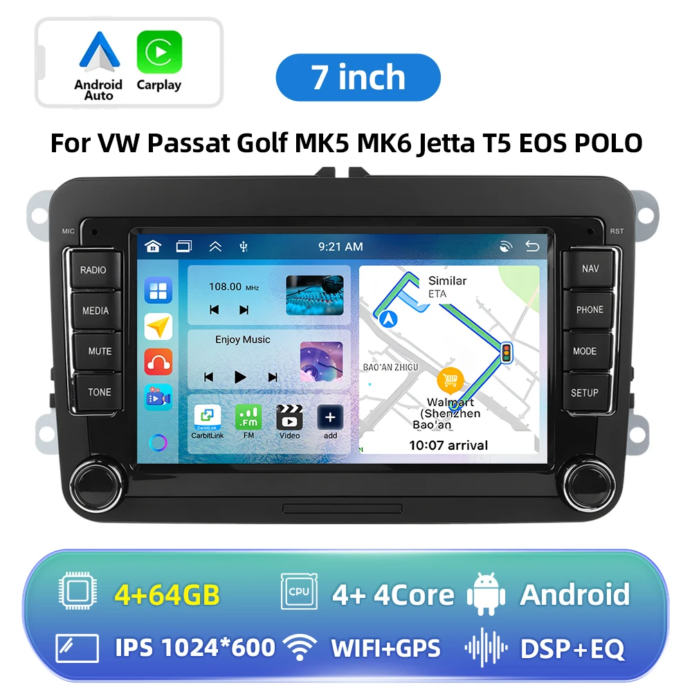 Podofo 6+128G Android 2Din autoradio met Carplay, Android Auto, GPS, FM-ontvanger, AI-stem, DSP voor VW, Seat, Skoda, PASSAT, GOLF