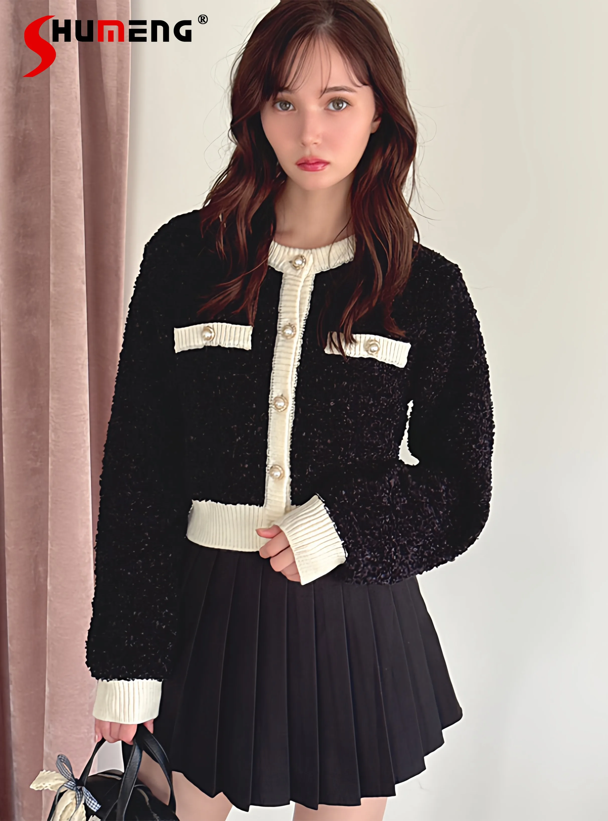 

Весенний женский укороченный кардиган 2026 года в японском стиле: элегантный, милый, с пэчворком, круглым вырезом, жемчужными пуговицами, на одной пуговице, универсальный, вязаный