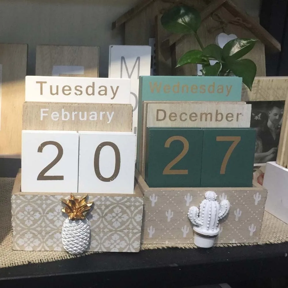 Calendario perpetuo de madera estético, adorno de calendario de escritorio Manual de Cactus, decoración reutilizable para el hogar, indicador de fecha, adorno de estudio