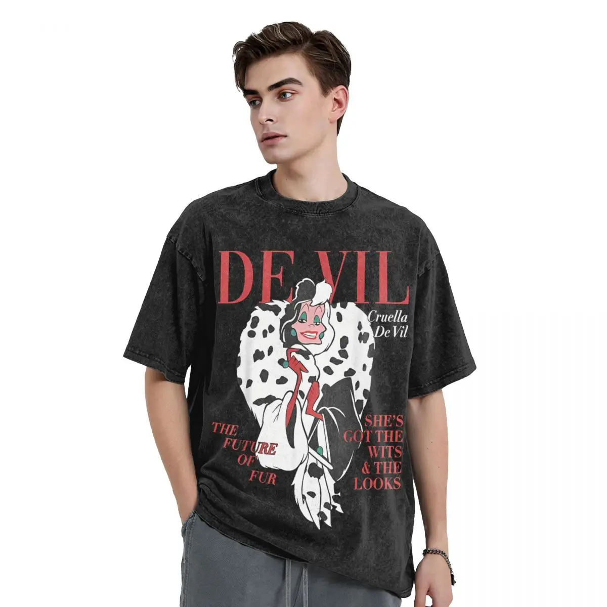 Vintage Cruella De Vil Movie Fans T-Shirt for Men One Hundred and One Dalmatians Vintage Pure Cotton Tee Shirt Round Collar