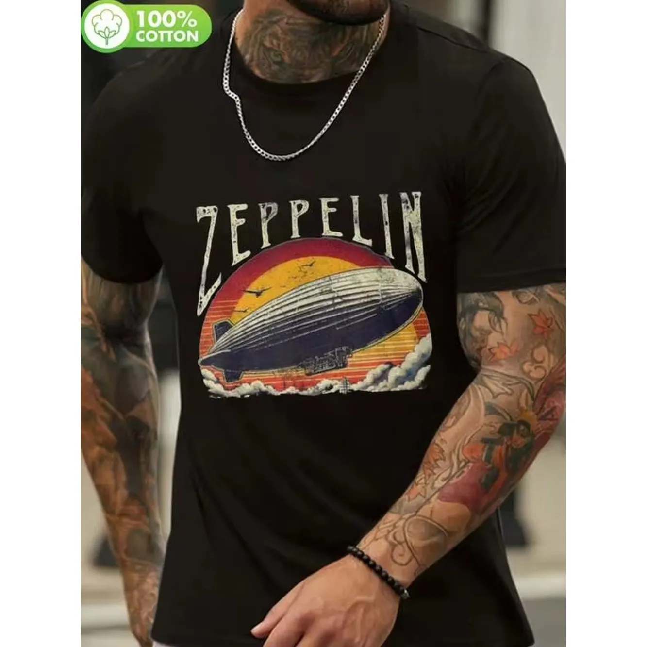 Men's Retro Zeppelin Graphic T-Shirt - Vintage 70s 80s Hot Air Balloon Design, Black Cotton Crew Neck, Breathable And Comfortable Fit For Casual Wear, Outdoor Activities, And Fitness, Casual Wear Tee| Vintage Graphic Tee| Comfortable Fit Tee