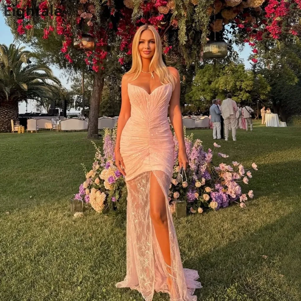 

Eightale 2025 Pink Lace Mermaid Sweetheart Maxi Evening Dress for Wedding Party Formal Prom Dubai Party Gown Customized