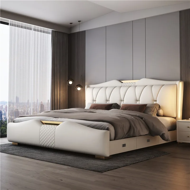 

Luxury Queen Size Storage Bed Minimalist 180x200cm Double Frame Bed Fancy Nordic Full Size Upholstered Home Bedroom Furniture