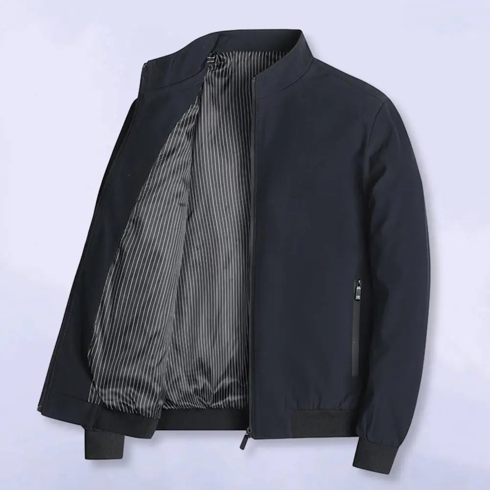 Men Jacket Stand Collar Zip Up Zipper Pockets Loose Solid Color Long Sleeve Smooth Elastic Cuff Hem Plus Size Men Coat